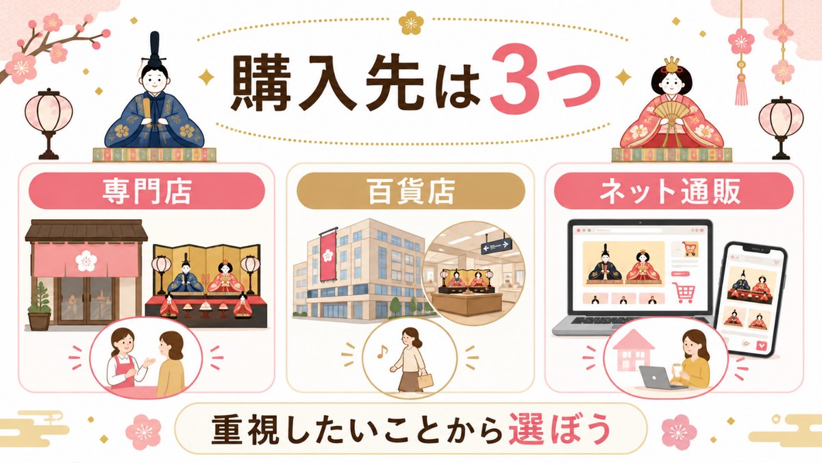 雛人形の購入先は専門店・百貨店・ネット通販の3つ。重視したいことから選ぼうと示した図