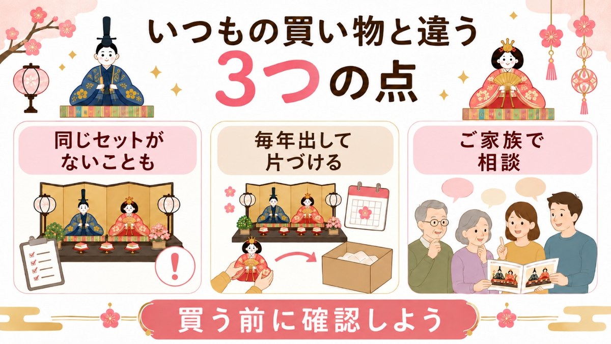 雛人形がいつもの買い物と違う3つの点。同じセットがないことも、毎年出して片づける、ご家族で相談