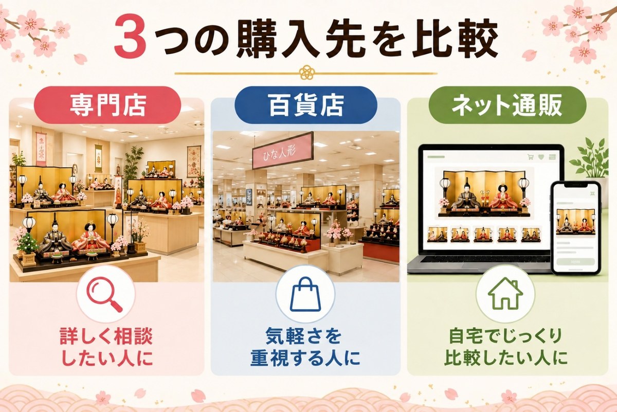 専門店・百貨店・ネット通販の3つの購入先を、向いている人の観点で比較した図