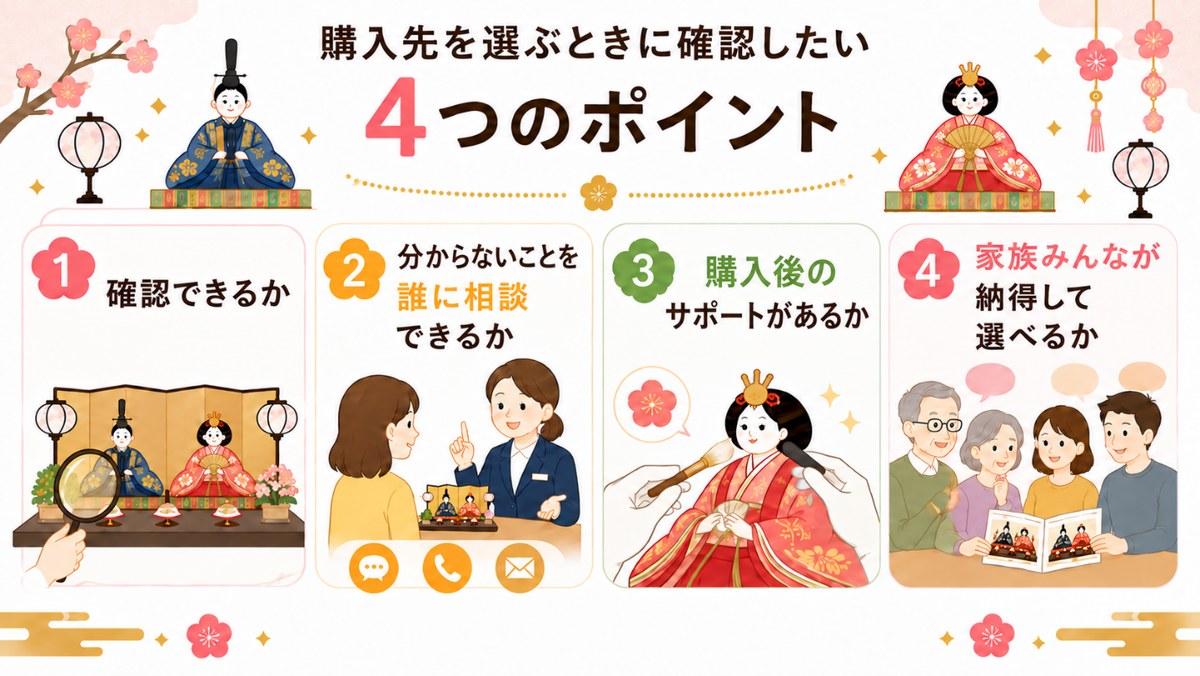 購入先を選ぶときに確認したい4つのポイントを示した図