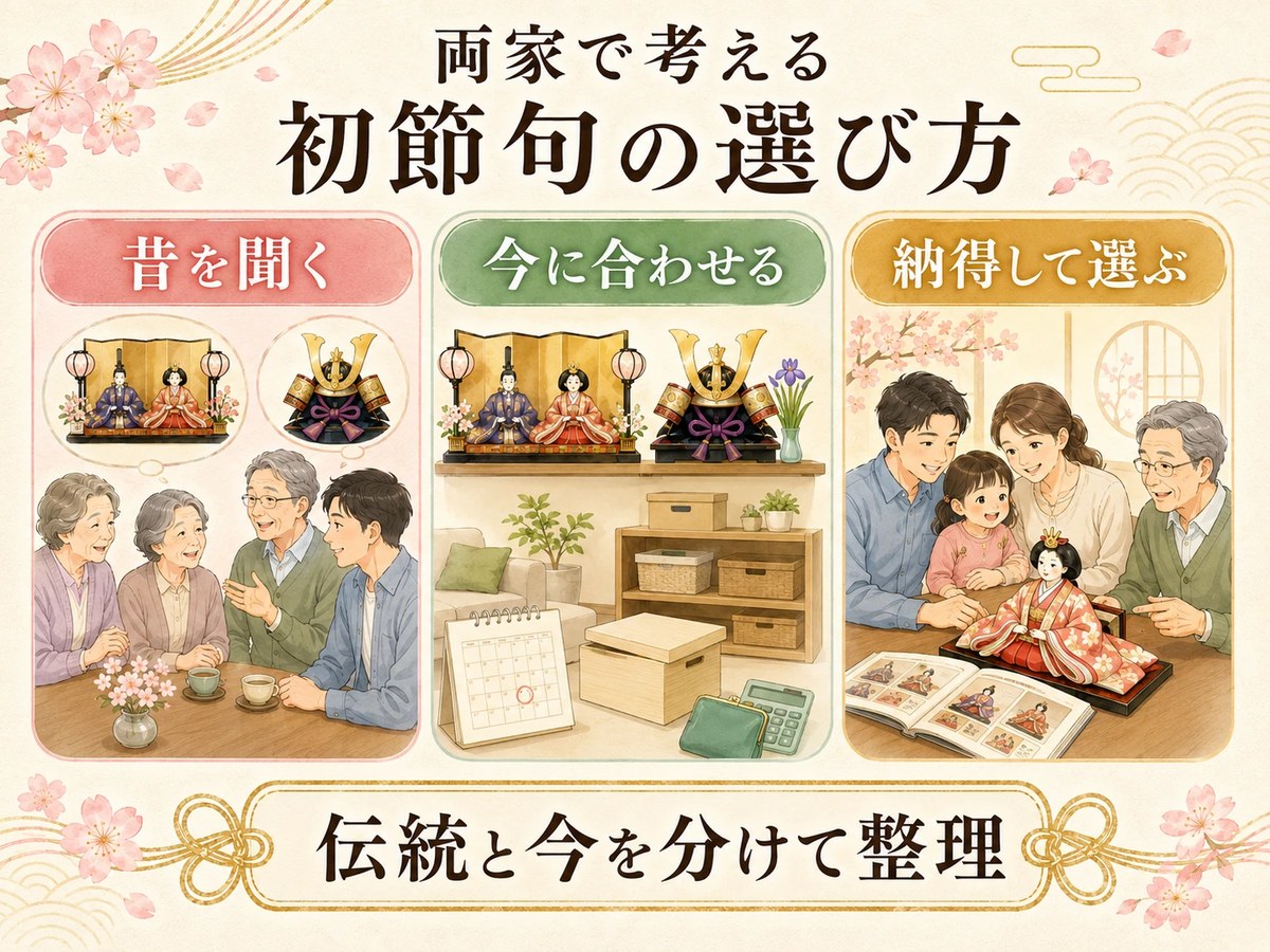 両家で考える初節句の選び方。昔を聞く、今に合わせる、納得して選ぶの3つを示した図
