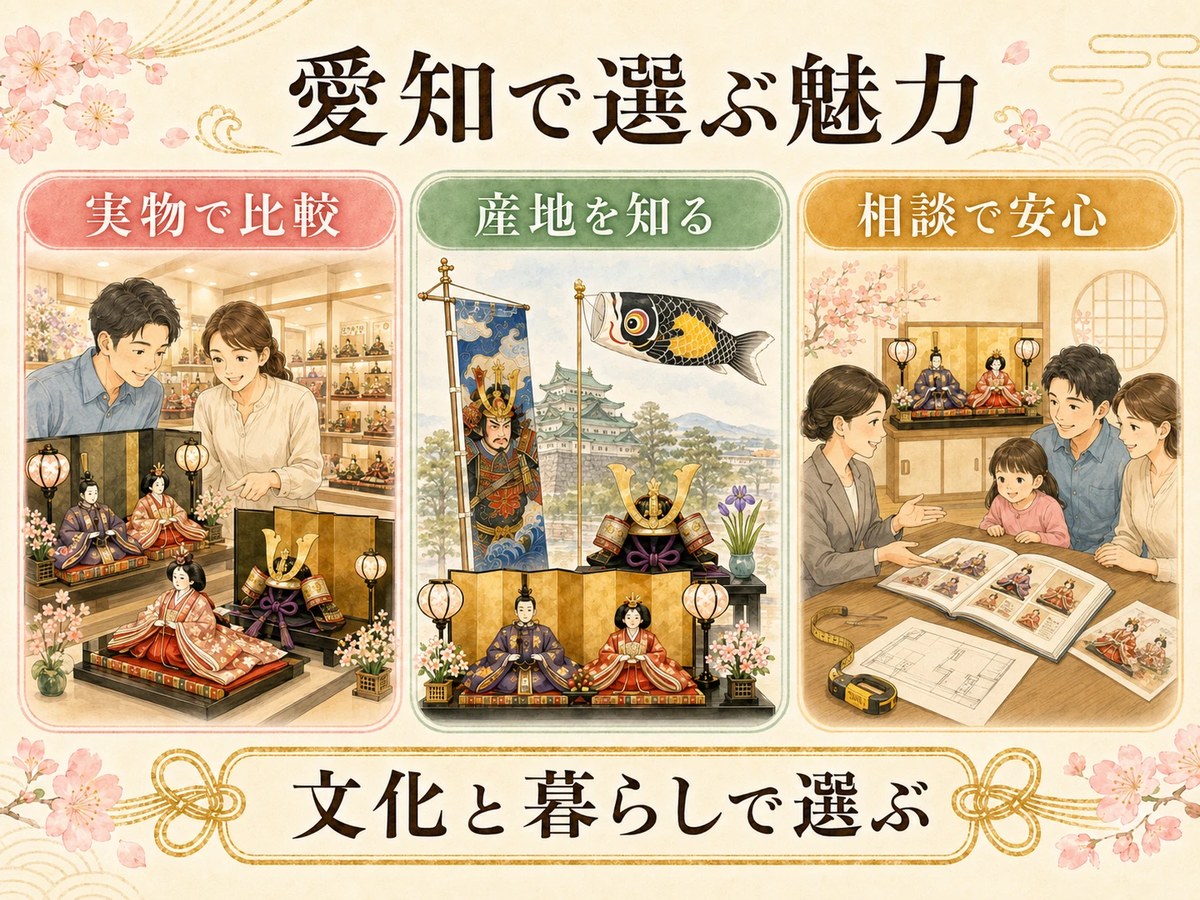 愛知で節句人形を選ぶ魅力。実物で比較する、産地を知る、相談で安心の3つを示した図