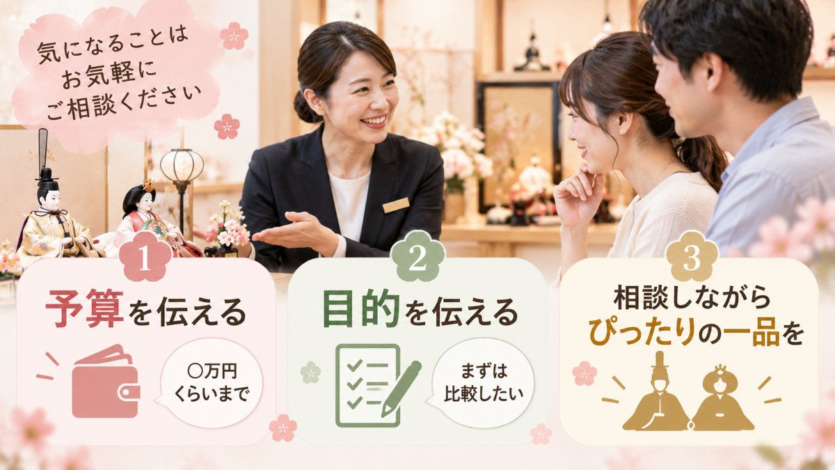 店頭相談のコツ。予算を伝える、目的を伝える、相談しながらぴったりの一品を選ぶ