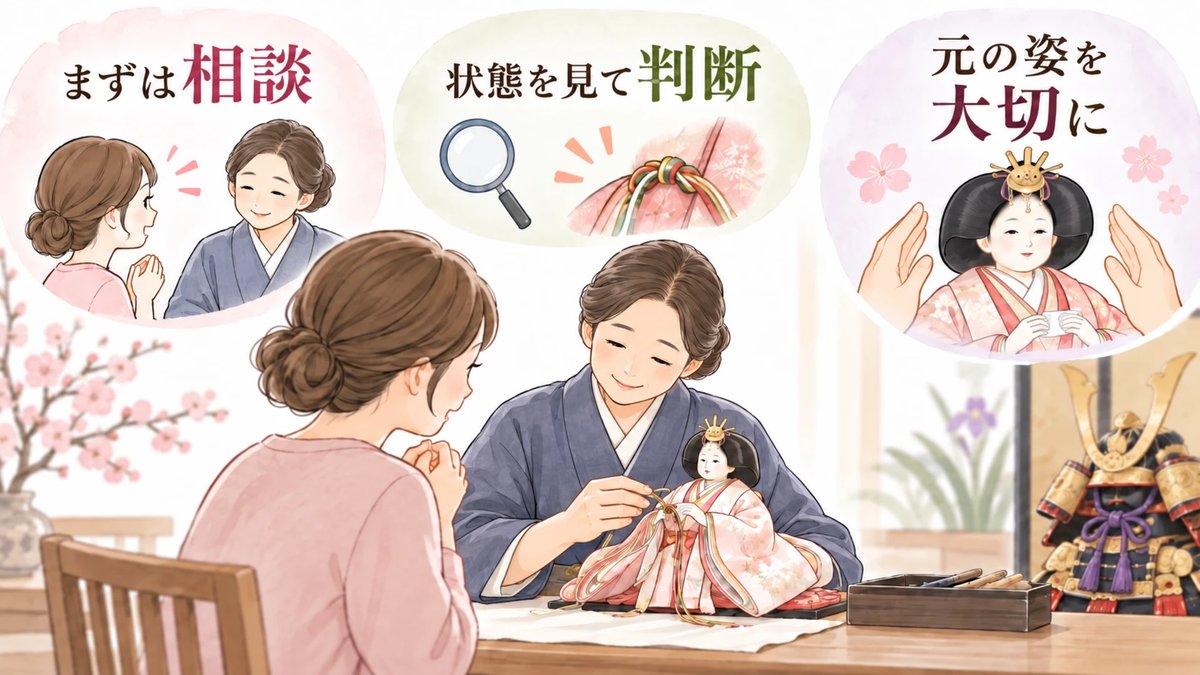 まずは相談、状態を見て判断、元の姿を大切に。担当者がお雛様の状態を確かめながら手直しする様子