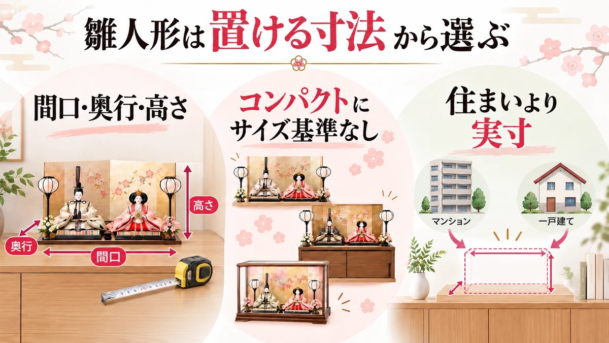 雛人形は置ける寸法から選ぶ。間口・奥行・高さを測る、コンパクトに共通のサイズ基準はない、住まいのタイプより実寸で判断する