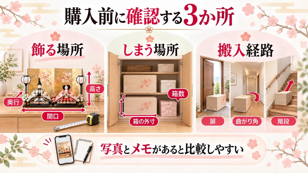 購入前に確認する3か所。飾る場所（間口・奥行・高さ）、しまう場所（箱の外寸・箱数）、搬入経路（扉・曲がり角・階段）。写真とメモがあると比較しやすい