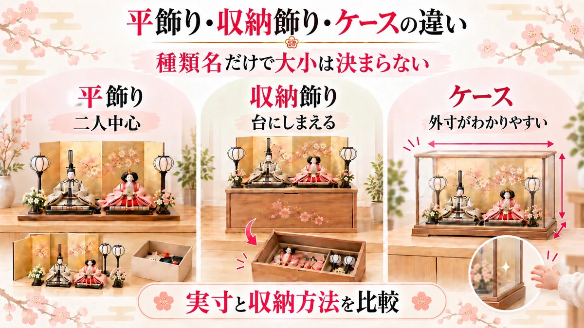 平飾り・収納飾り・ケースの違い。種類名だけで大小は決まらない。平飾りはお二人が中心、収納飾りは台にしまえる、ケースは外寸が分かりやすい
