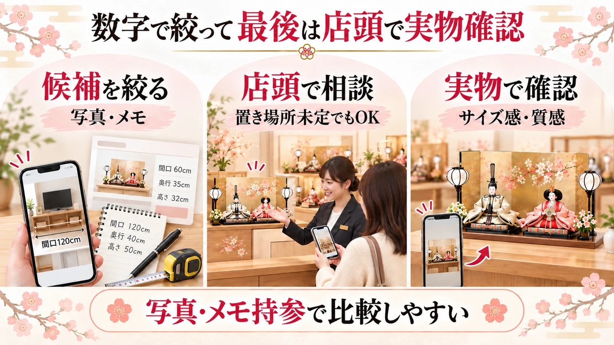 数字で絞って最後は店頭で実物確認。写真・メモで候補を絞る、置き場所が未定でも店頭で相談できる、実物でサイズ感・質感を確かめる