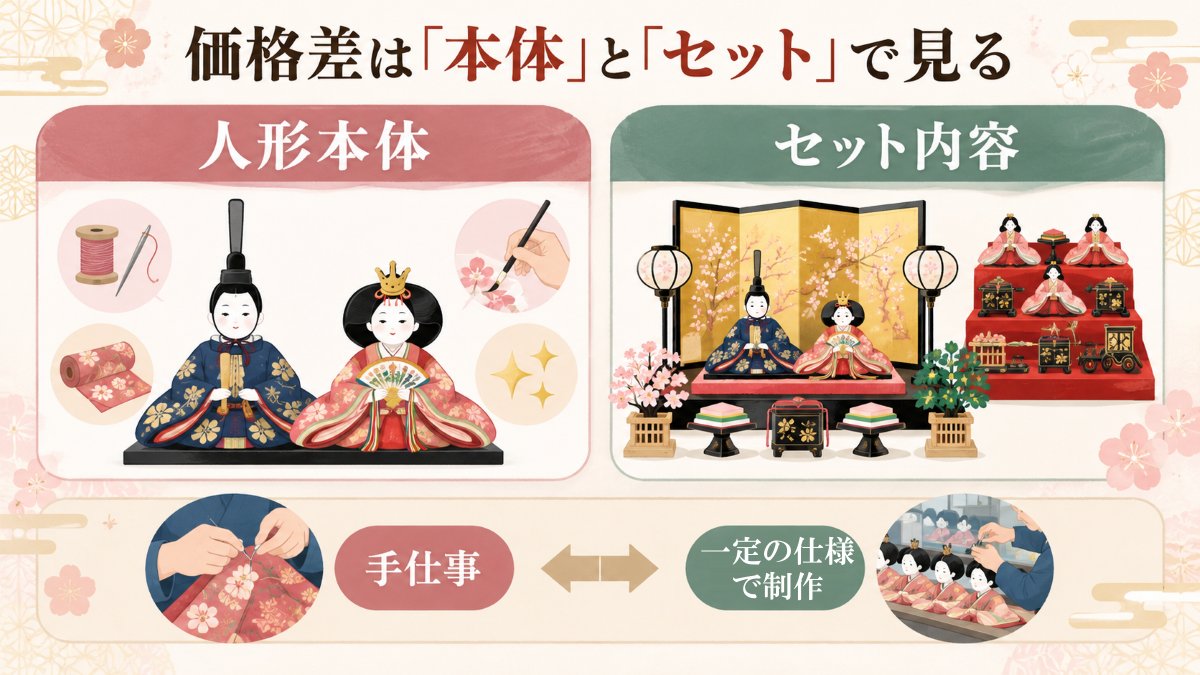 価格差は「本体」と「セット」で見る。人形本体とセット内容（屏風・台・道具）、手仕事と一定の仕様で制作の違い