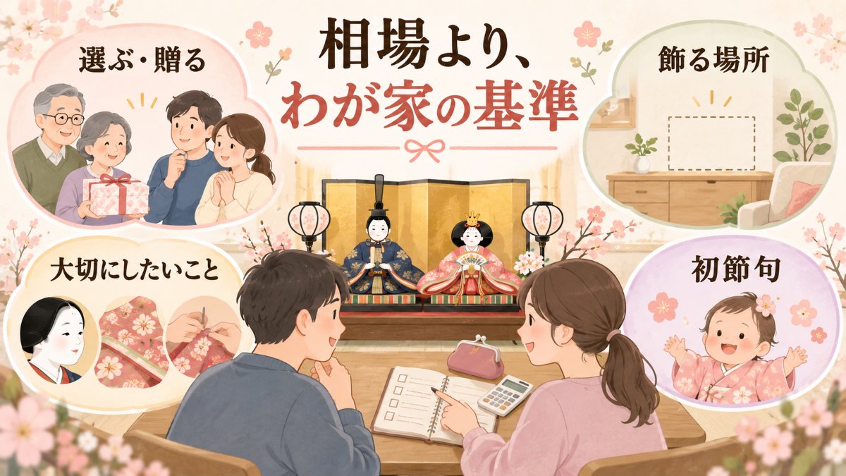 相場より、わが家の基準。選ぶ・贈る人、飾る場所、大切にしたいこと、初節句をご家族で話し合う様子