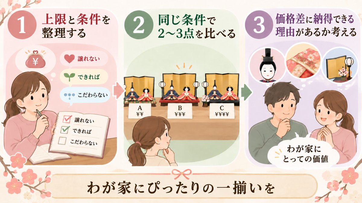 価値基準を予算に置き換える3つの手順。1 上限と条件を整理する、2 同じ条件で2〜3点を比べる、3 価格差に納得できる理由があるか考える