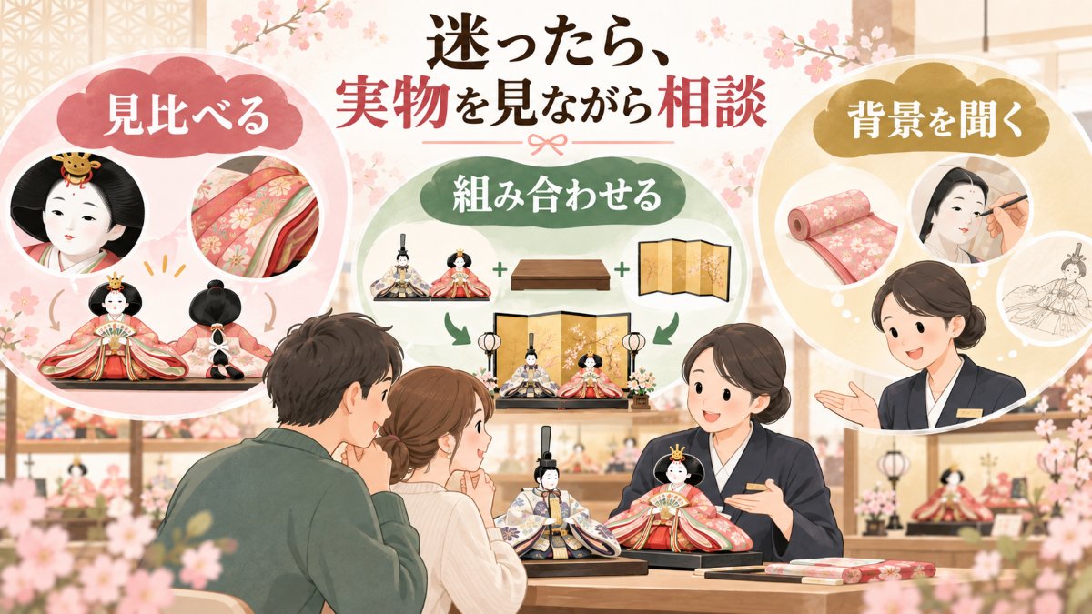 迷ったら、実物を見ながら相談。見比べる、組み合わせる、背景を聞く