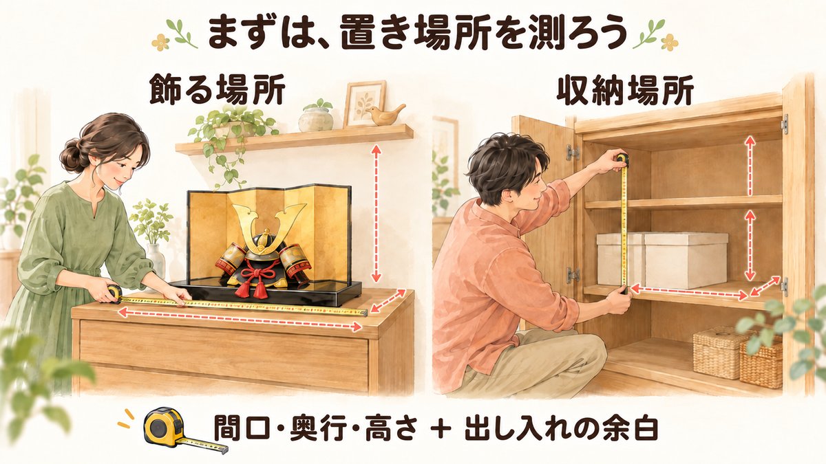 まずは、置き場所を測ろう。飾る場所と収納場所の間口・奥行・高さ＋出し入れの余白