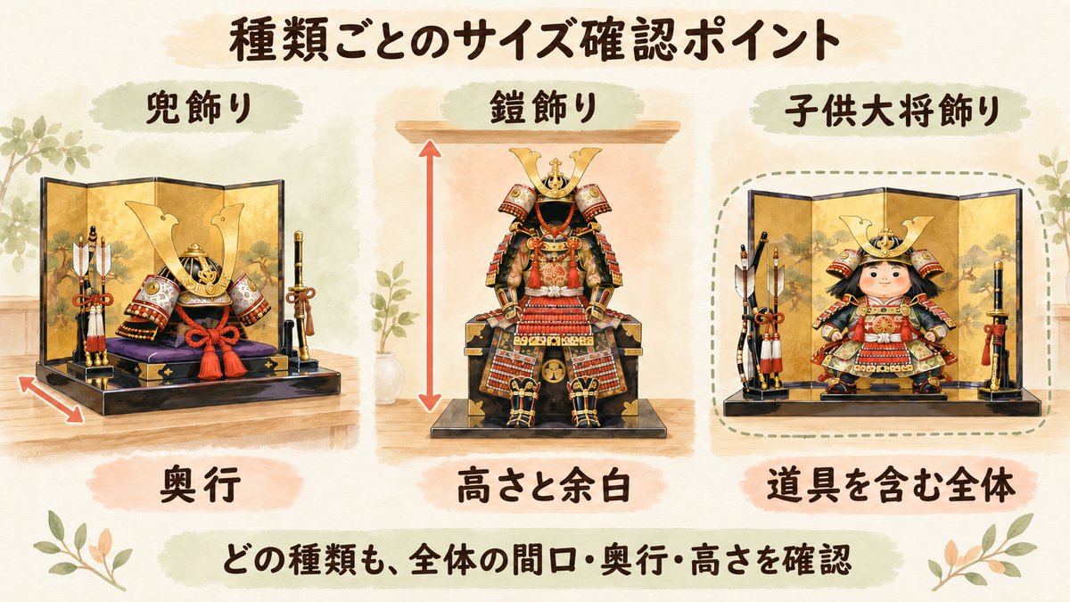 種類ごとのサイズ確認ポイント。兜飾りは奥行、鎧飾りは高さと余白、子供大将飾りは道具を含む全体。どの種類も全体の間口・奥行・高さを確認