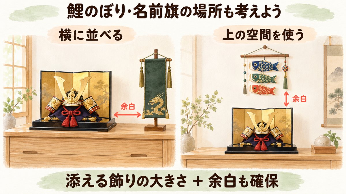 鯉のぼり・名前旗の場所も考えよう。横に並べる、上の空間を使う。添える飾りの大きさ＋余白も確保