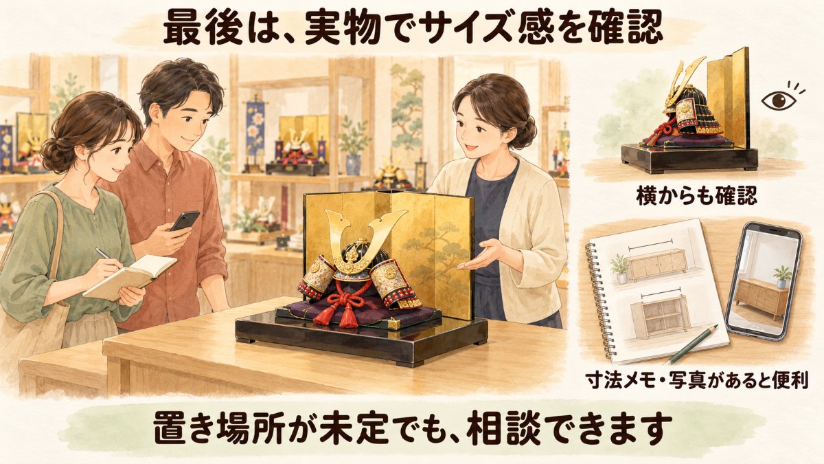 最後は、実物でサイズ感を確認。横からも確認、寸法メモ・写真があると便利。置き場所が未定でも相談できます