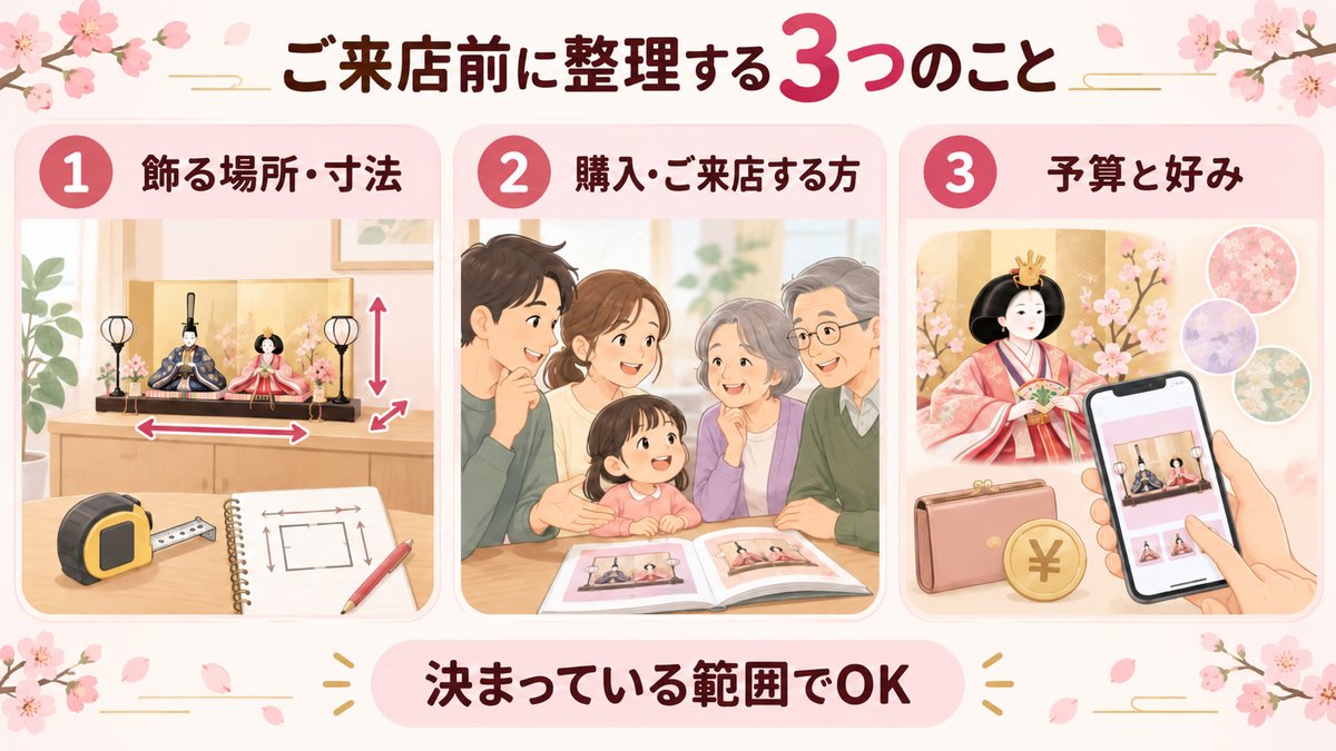 ご来店前に整理する3つのこと。1 飾る場所・寸法、2 購入・ご来店する方、3 予算と好み。決まっている範囲でOK
