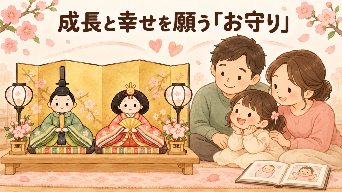 成長と幸せを願う「お守り」。雛人形を囲んでお子さまとご家族が過ごす様子